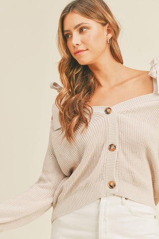 MABLE Off Shoulder Self Tie Strap Button Down Sweater Trendsi