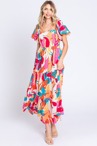 GeeGee Full Size Printed Smocked Back Tiered Maxi Dress Trendsi