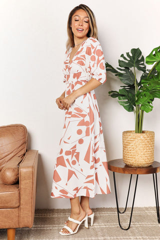 Printed Surplice Balloon Sleeve Dress Trendsi