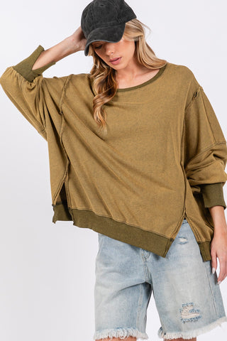 SAGE + FIG Mineral Wash Side Slit Oversized Sweatshirt Trendsi