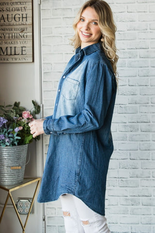 Veveret Pocketed Button Up Washed Denim Shirt Trendsi