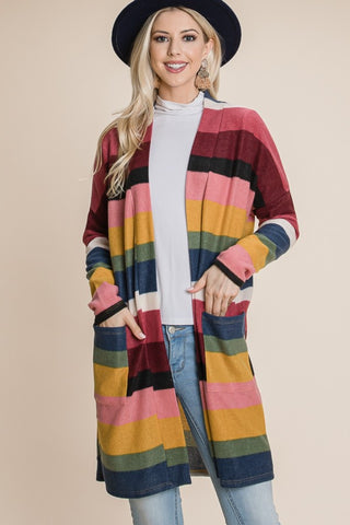 BOMBOM Color Block Striped Open Front Cardigan Trendsi