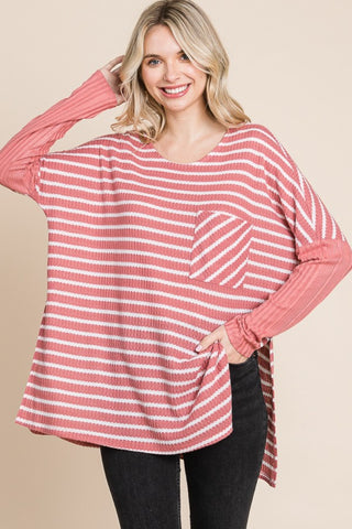 Culture Code Oversize Striped Round Neck Long Sleeve Slit T-Shirt Trendsi