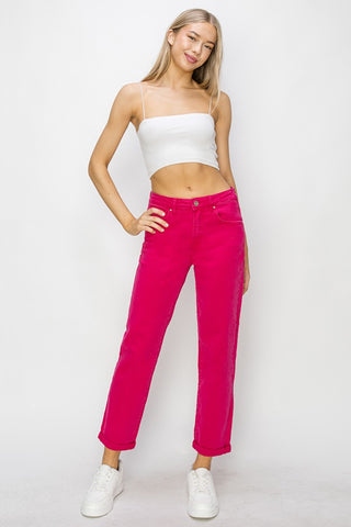 RISEN High Waist Rolled Hem Straight Jeans Trendsi