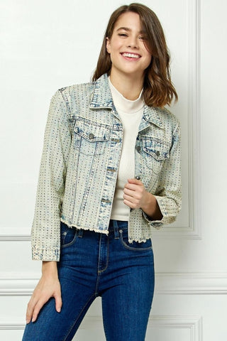 Veveret Multi Color Stripe Rhinestone Raw Hem Denim Jacket Trendsi