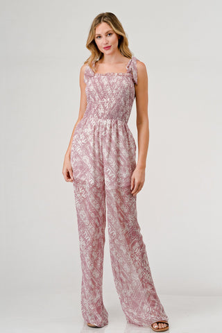 GeeGee Printed Tie Shoulder Wide Leg Jumpsuit Trendsi