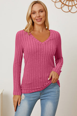 Basic Bae Full Size Ribbed V-Neck Long Sleeve T-Shirt Trendsi