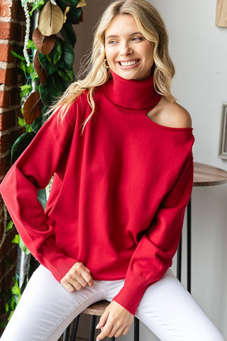 First Love Cut Out Shoulder Turtleneck Sweater Trendsi