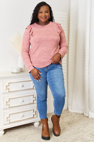 Double Take Ruffle Shoulder Long Sleeve T-Shirt Trendsi