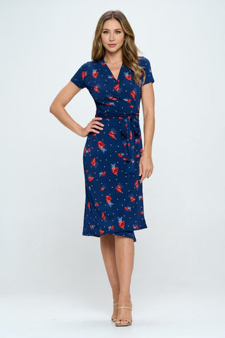 RENEE C Floral Tie Front Surplice Short Sleeve Dress Trendsi