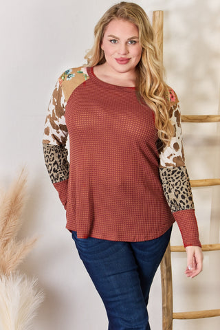 Hailey & Co Full Size Leopard Waffle-Knit Blouse Trendsi