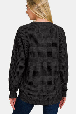 Zenana High Low Long Sleeve Waffle Sweater Trendsi