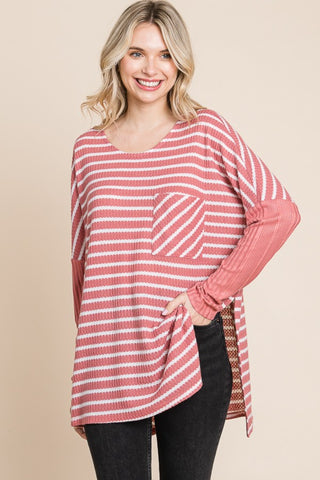 Culture Code Oversize Striped Round Neck Long Sleeve Slit T-Shirt Trendsi