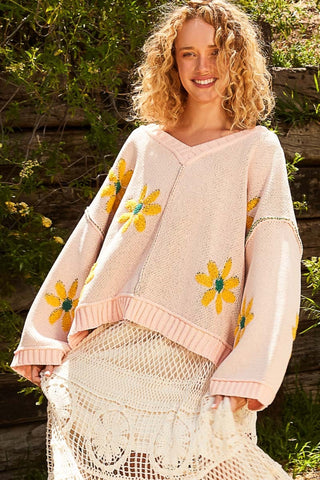 POL V-Neck Floral Pattern Chenille Sweater Trendsi