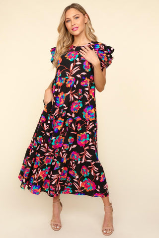 Haptics Ruffled Printed Round Neck Cap Sleeve Dress Trendsi