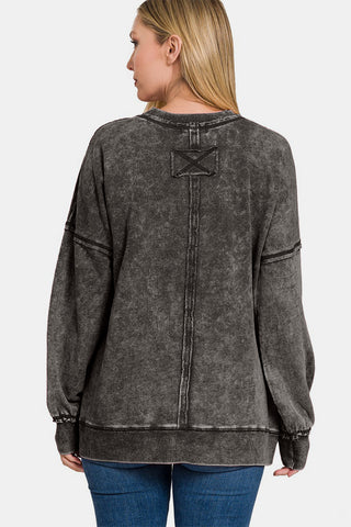 Zenana Exposed Seam Round Neck Dropped Shoulder Sweatshirt Trendsi