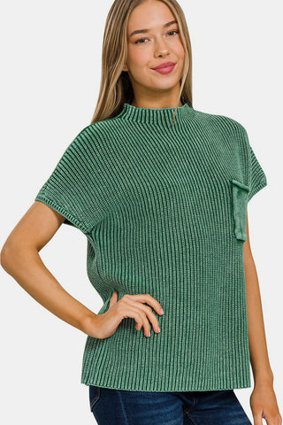 Zenana Washed Mock Neck Short Sleeve Sweater Trendsi