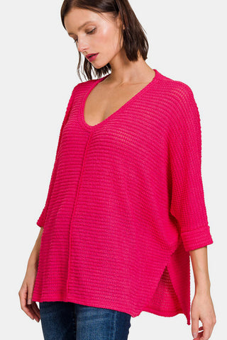 Zenana V-Neck High-Low Jacquard Knit Top Trendsi