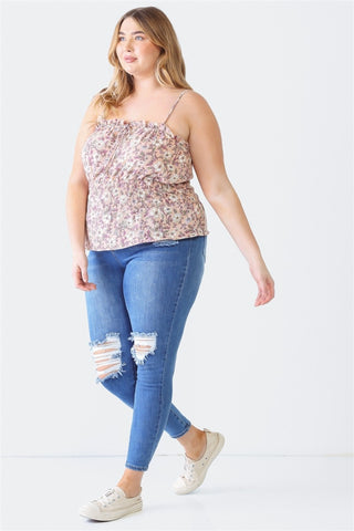 Zenobia Plus Size Frill Floral Square Neck Cami Trendsi