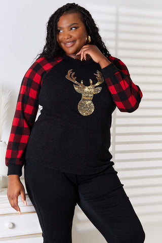 Heimish Full Size Sequin Reindeer Graphic Plaid Top Trendsi