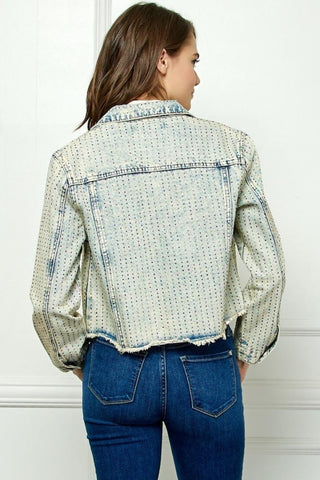 Veveret Multi Color Stripe Rhinestone Raw Hem Denim Jacket Trendsi