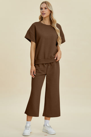 Double Take Full Size Texture Round Neck Top and Pants Set Trendsi