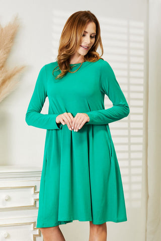 Zenana Full Size Long Sleeve Flare Dress with Pockets Trendsi