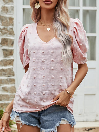 Swiss Dot Short Puff Sleeve Top Trendsi