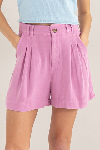 HYFVE High Waist Pleated Linen Shorts Trendsi