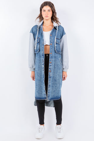 American Bazi Contrast Longline Hooded Denim Jacket Trendsi