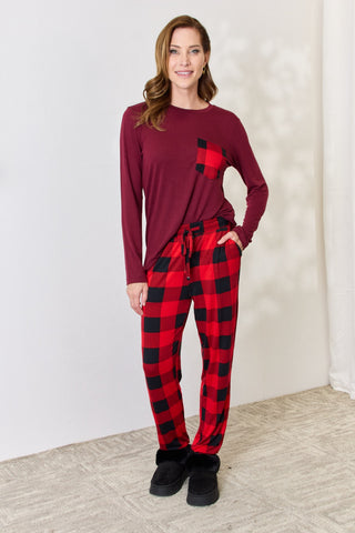 Zenana Full Size Plaid Round Neck Top and Pants Pajama Set Trendsi