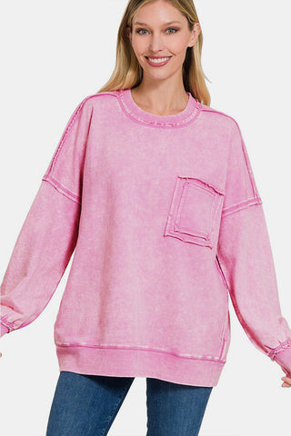 Zenana Exposed Seam Round Neck Dropped Shoulder Sweatshirt Trendsi