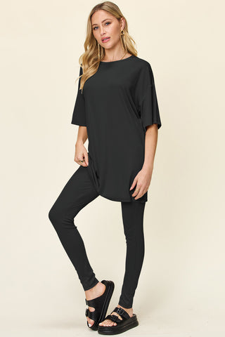 Double Take Full Size Round Neck Dropped Shoulder T-Shirt and Leggings Set Trendsi