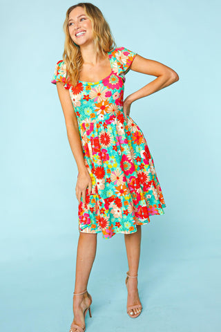 Haptics Floral Square Neck Short Sleeve Dress Trendsi