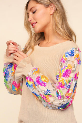 Haptics Floral Sequins Mesh Flounce Sleeve Sweater Trendsi