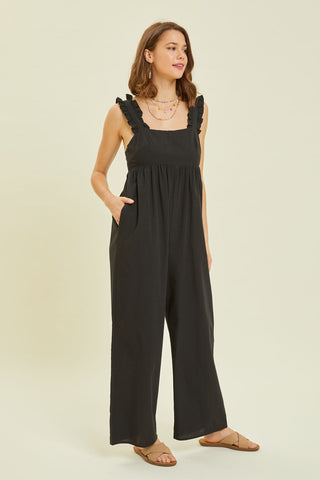 HEYSON Full Size Ruffled Strap Back Tie Wide Leg Jumpsuit Trendsi