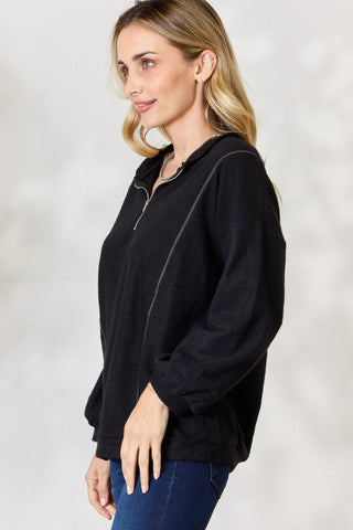 BiBi Half Zip Brushed Terry Long Sleeve Top Trendsi