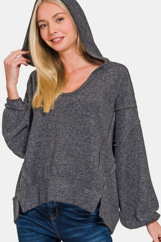 Zenana Brushed Hacci Exposed Seam Hoodie Trendsi