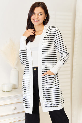 Double Take Striped Open Front Longline Cardigan Trendsi