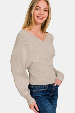 Zenana Cross Wrap Rib Long Sleeve Sweater Trendsi