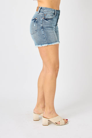 Judy Blue Full Size Button Fly Raw Hem Denim Shorts Trendsi