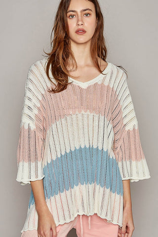 POL V-Neck Short Sleeve Stripe Weave Sweater Trendsi