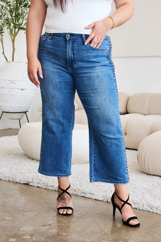 Judy Blue Full Size Braid Side Detail Wide Leg Jeans Trendsi