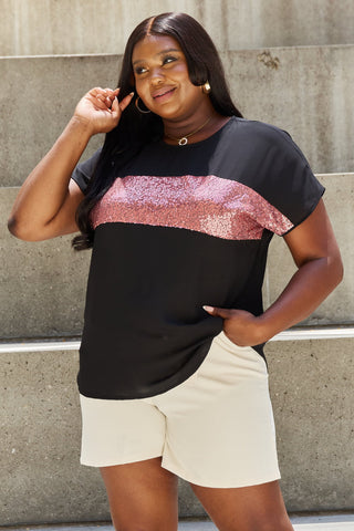 Sew In Love Shine Bright Full Size Center Mesh Sequin Top in Black/Mauve Trendsi