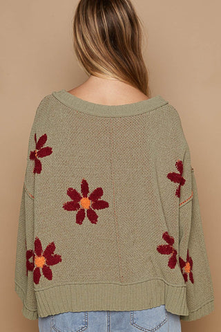 POL V-Neck Floral Pattern Chenille Sweater Trendsi