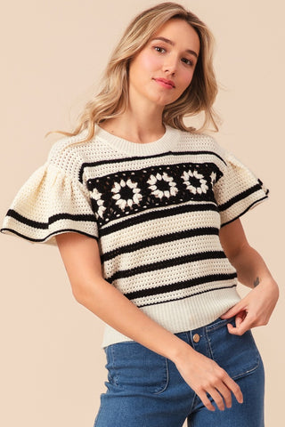 BiBi Granny Square Short Sleeve Striped Sweater Trendsi