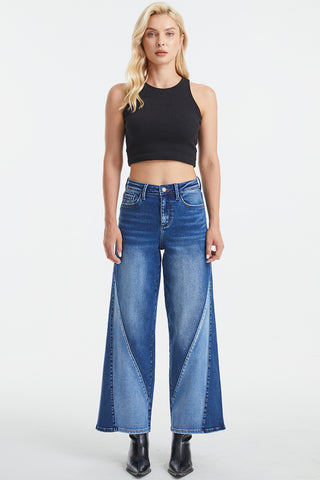 BAYEAS Full Size High Waist Two-Tones Patched Wide Leg Jeans Trendsi