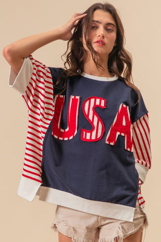 BiBi USA Letter Patchwork Contrast Short Sleeve T-Shirt Trendsi