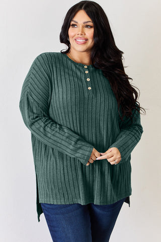 Basic Bae Full Size Ribbed Half Button Long Sleeve High-Low T-Shirt Trendsi