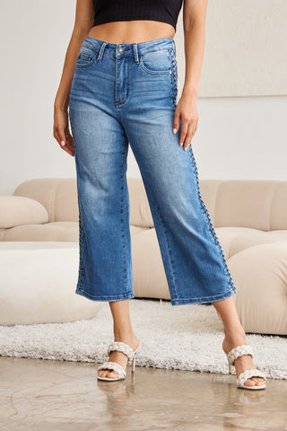 Judy Blue Full Size Braid Side Detail Wide Leg Jeans Trendsi